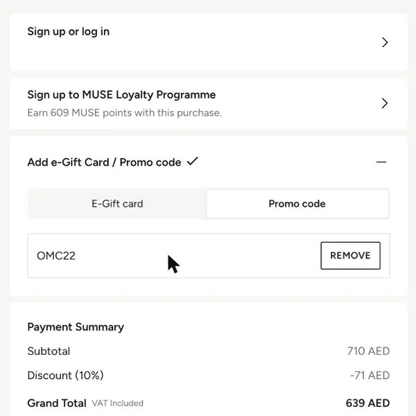 OMC22 في سلة ليفل شوز الإمارات كزائر: 710 → 639 درهمًا (خصم 10% على منتج بنجمة من فيجا)